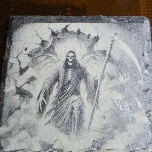 Death-themed illustration on textured surface