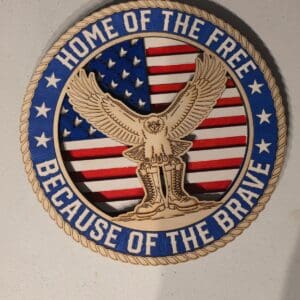 Eagle emblem with American flag background