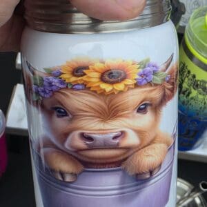 Hand holding cow-illustrated coffee mug