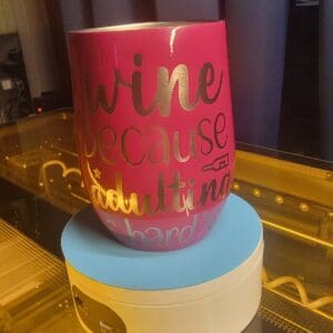 Wine-themed mug on a table