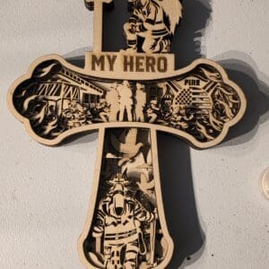 Intricate firefighter wooden decor