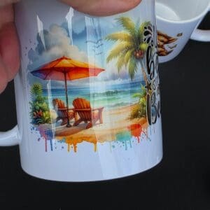 Beach scene mug with colorful design