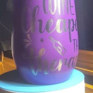 Purple wine tumbler with humorous text