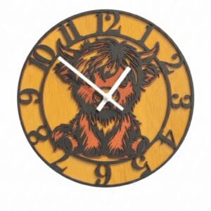 Clock with highland cow design and numbers.