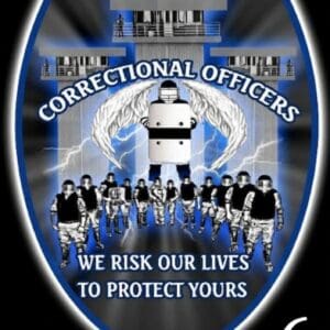 Correctional officers badge with protective message.