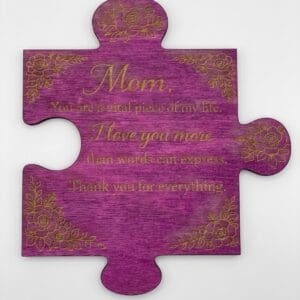 Purple puzzle piece with heartfelt message.