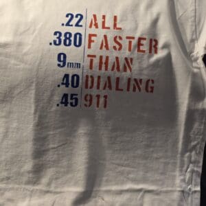 White T-shirt with firearm caliber text.