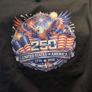 Eagle with flags celebrating America's 250th anniversary.