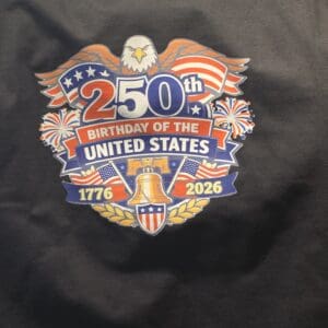 250th United States birthday emblem on shirt.